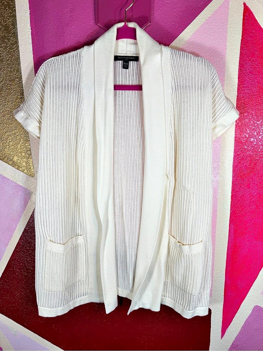 Banana Republic XS/S Ivory Open Knit Short Sleeve Cardigan Shawl Collar Pockets